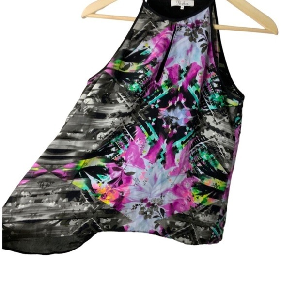 Parker Tops - Parker Silk Halter Top Abstract Floral Geometric Print Keyhole Blouse Medium